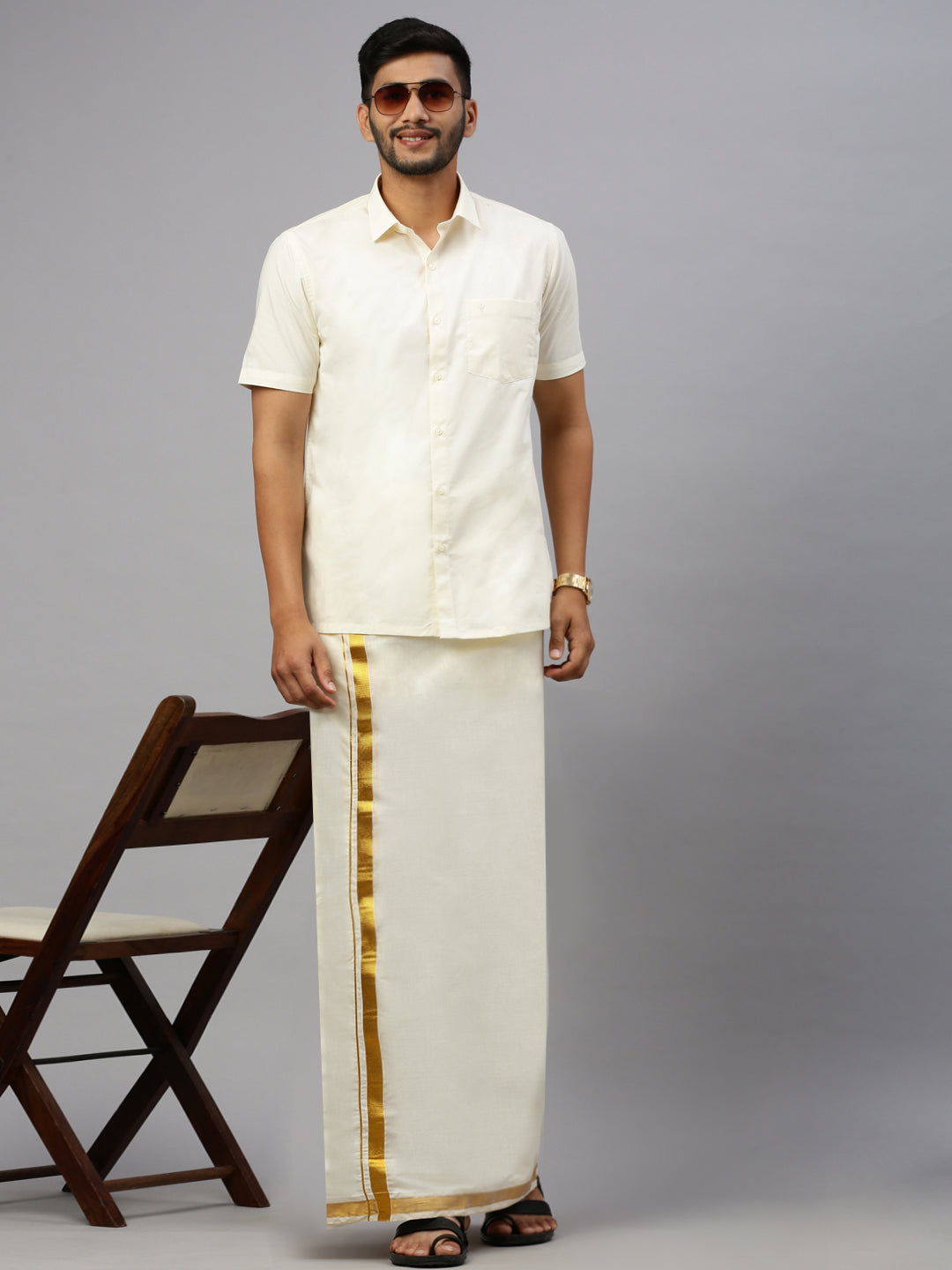 Men Cotton Blend Double Layer Cream Dhoti with 1" Gold Jari Border Golden Mark