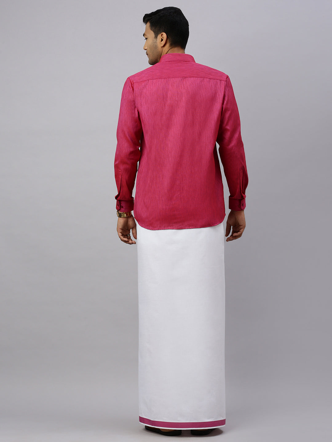 Men Magenta Matching Border Dhoti & Full Sleeves Shirt Set CV2