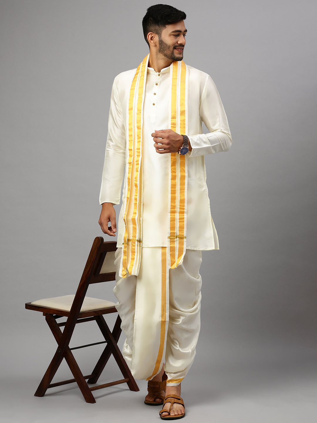 Men Art Silk Kurta with Readymade Panchakacham Cream Thirumangalya