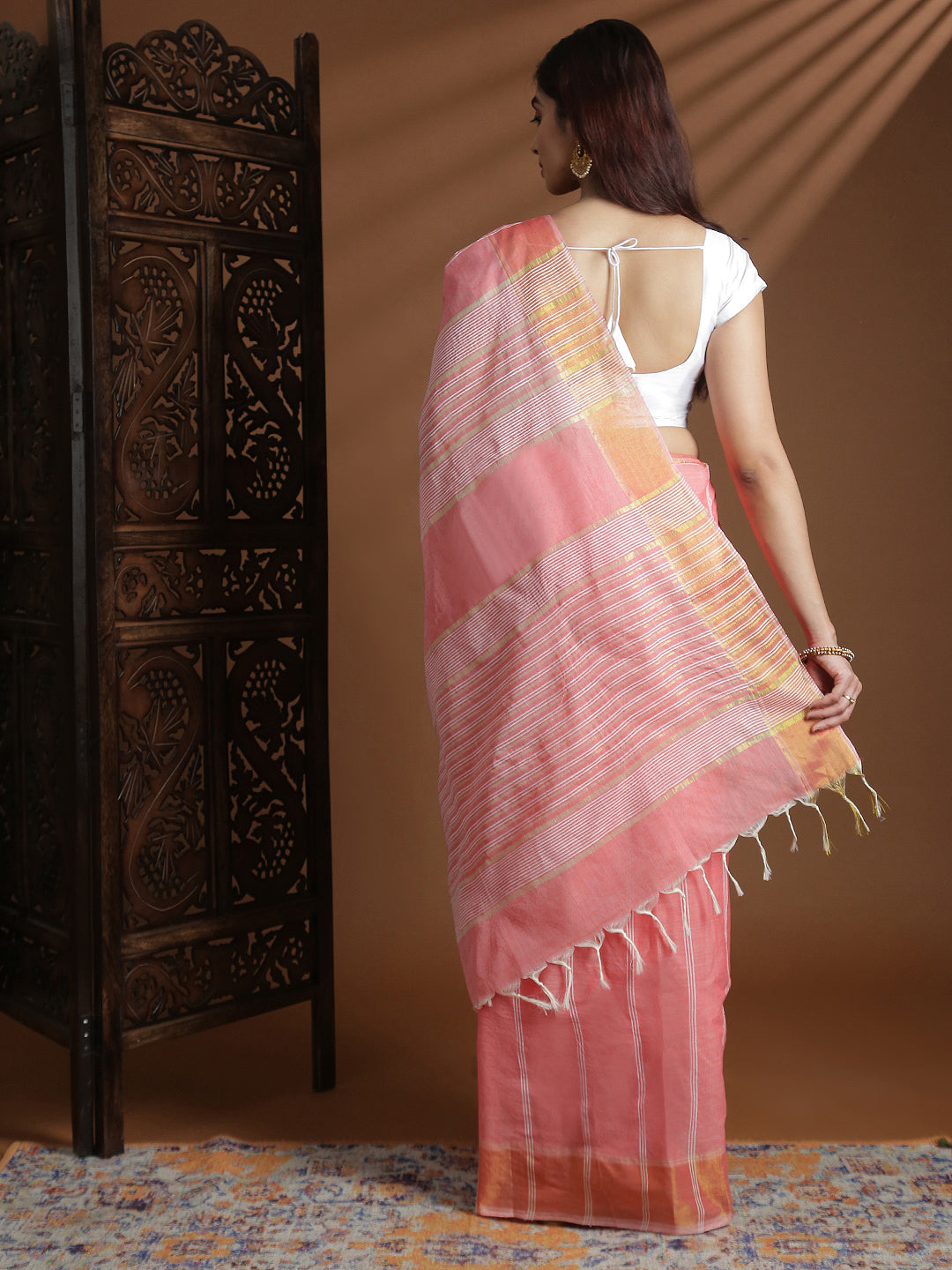 Women Pink Striped Cotton Jute Saree CJ08