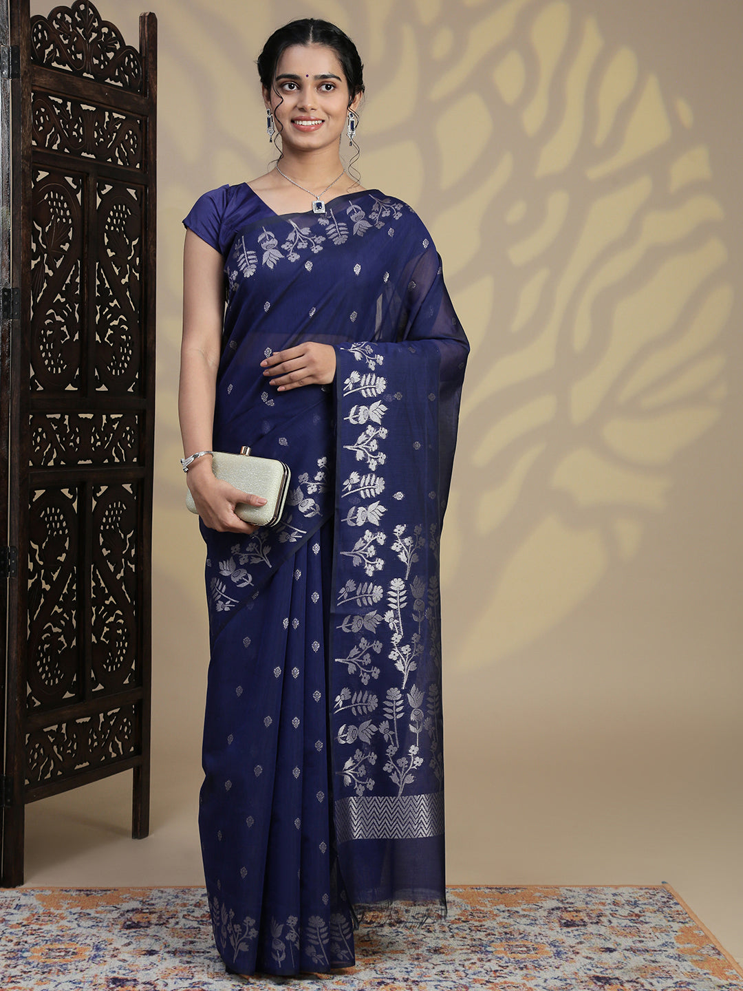 Women Navy Blue Semi Kora Cotton Saree SK111