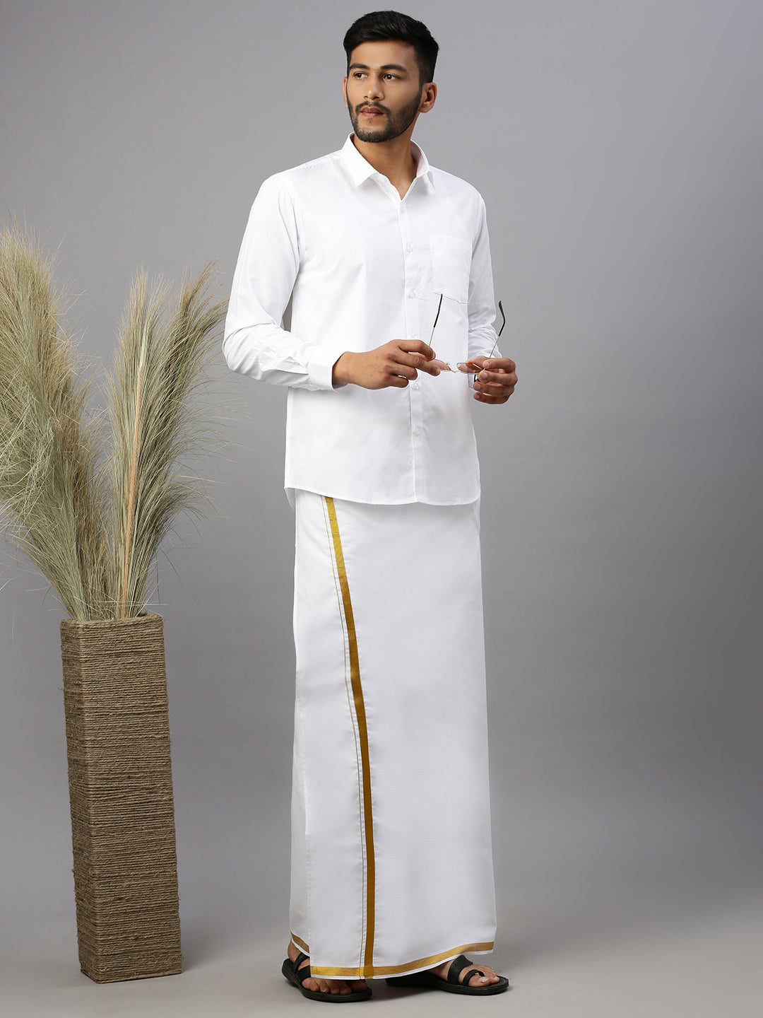 Men Cotton Blend Readymade Single Layer White Dhoti with Gold Jari Border