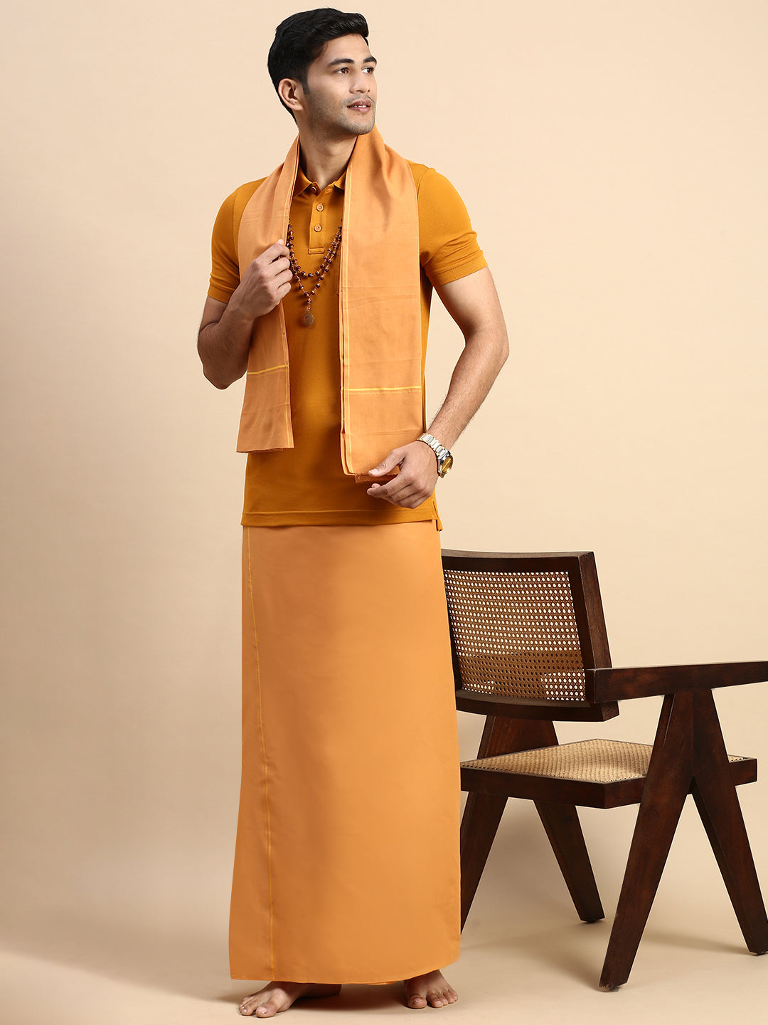 Men Devotional Small Border Dhoti with Towel & TShirt Set Kaavi EP41