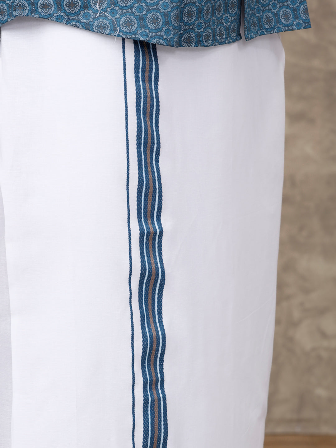 Men Dark Blue With Grey Matching Border Dhoti with Printed Shirt Set Fusion PS4