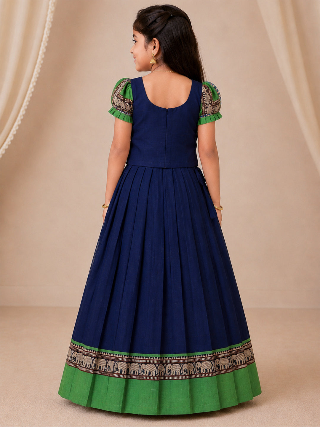 Girls Cotton Green Pattu Pavadai Set GPS48