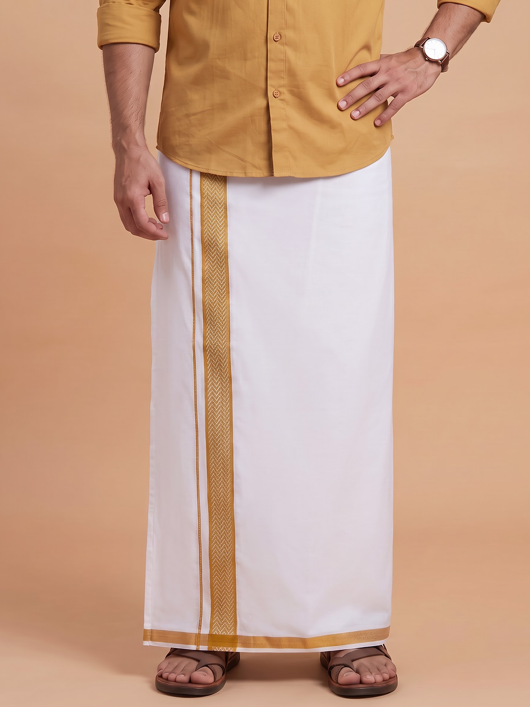 Single Layer 100% Cotton White Dhoti With 1 1/2 Inch Jacquard Gold Jari Border - GG05