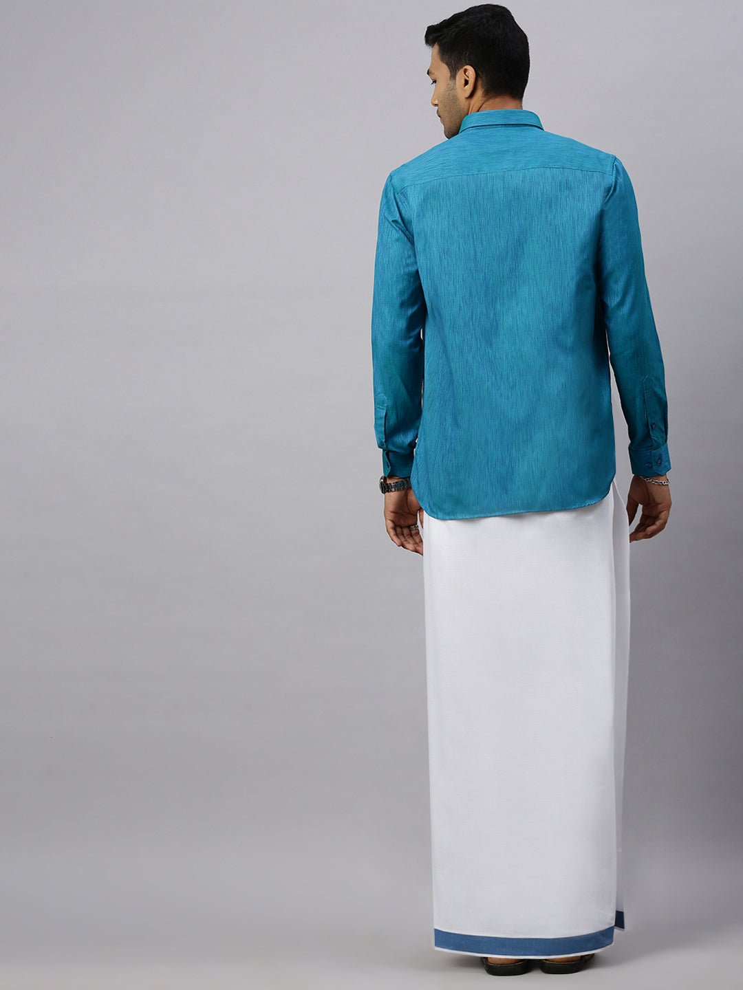 Men Peacock Blue Matching Border Dhoti & Full Sleeves Shirt Set CV6