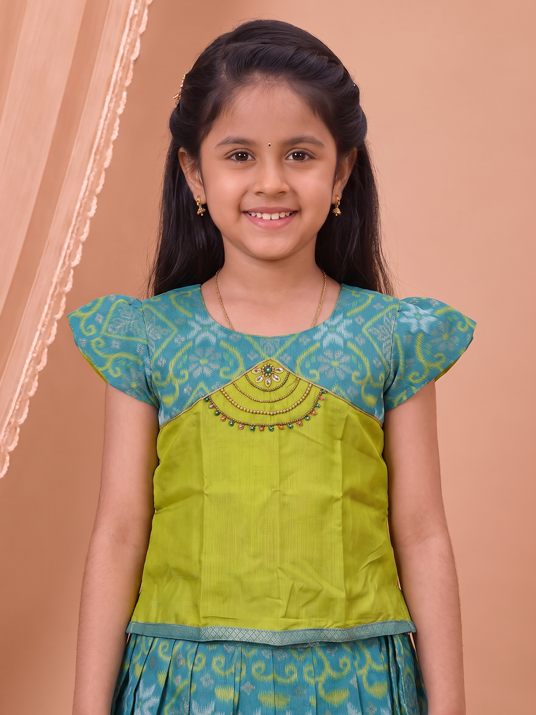 Girls Art Silk Lime Green Pattu Pavadai Set GPS84