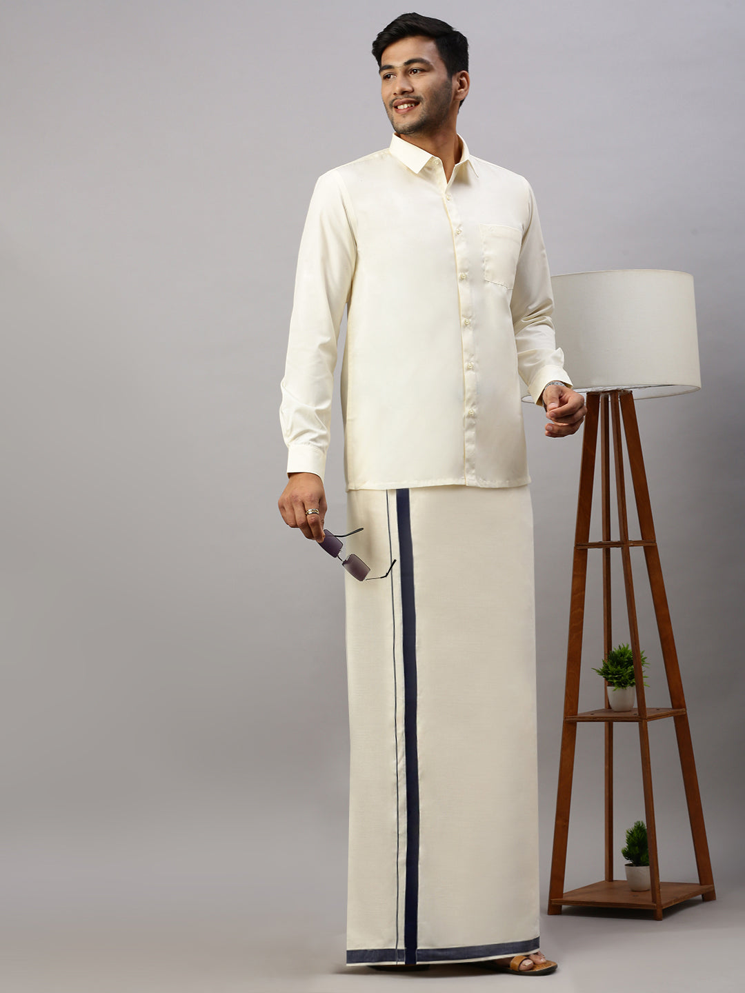 Men Kora Cotton Double Layer Dhoti with Navy Fancy Border LS03