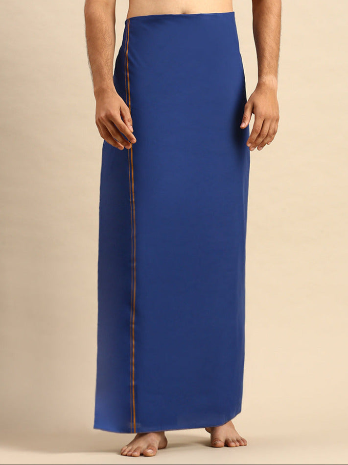 Men 100% Cotton Single Layer Blue Dhoti with Assorted Border Sudhan