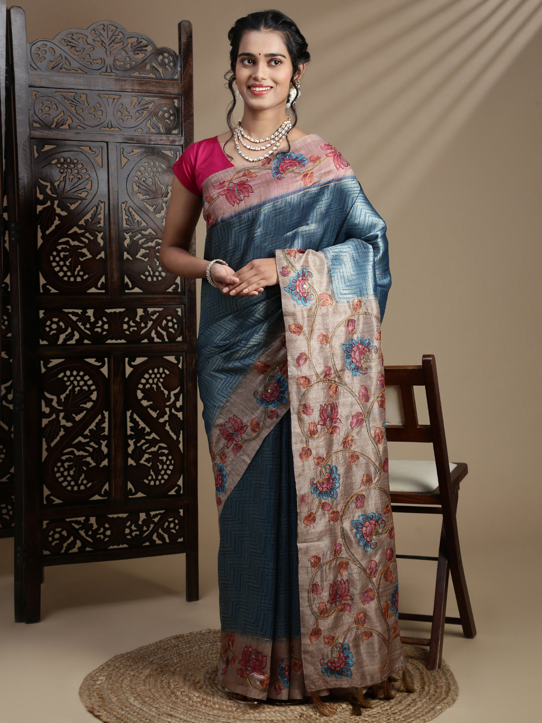 Women Blue with Brown Semi Raw Silk Embroidered Saree SRS110
