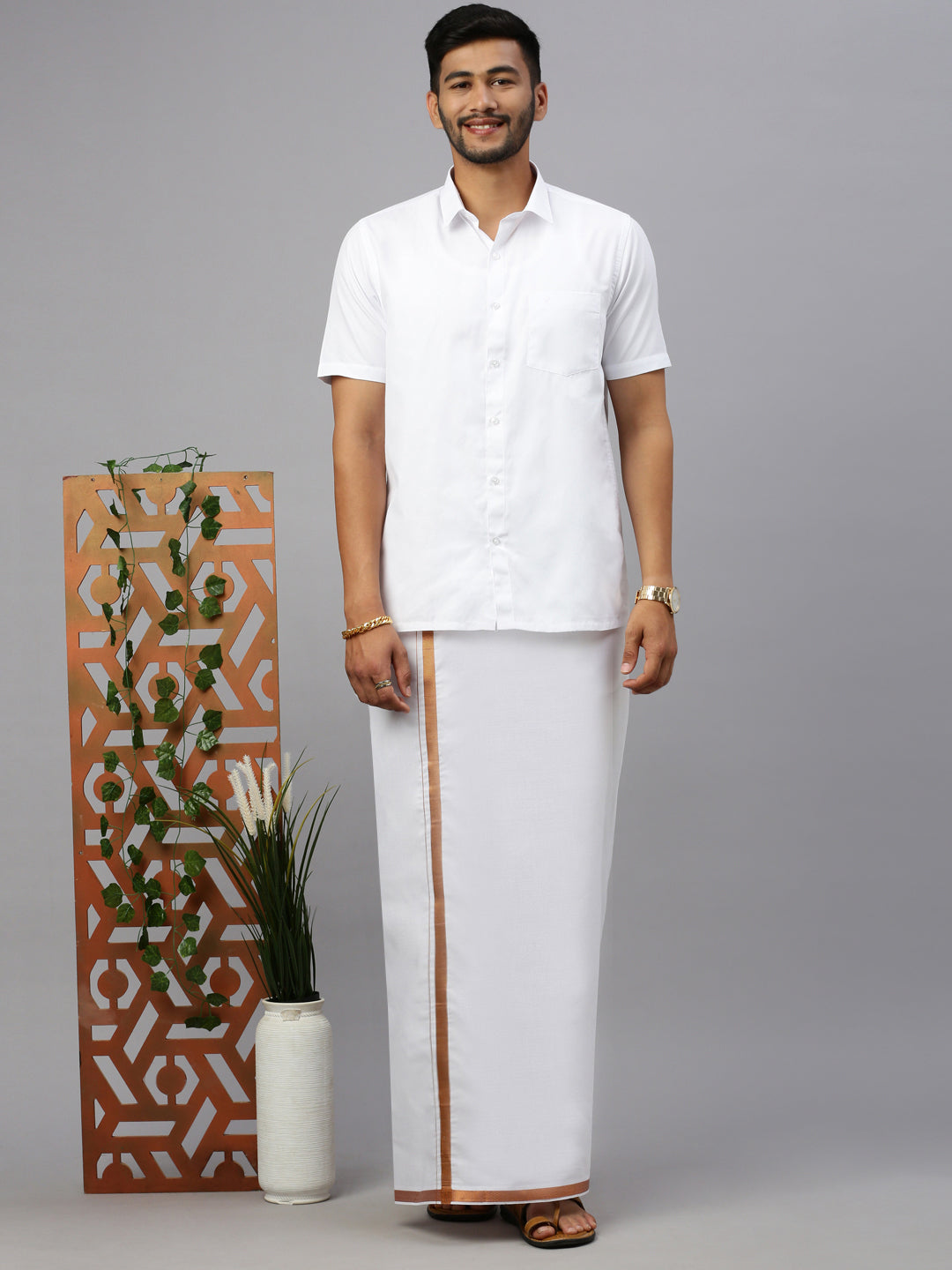 Men Cotton Blend Single Layer White Dhoti with 3/4" Copper Jari Border