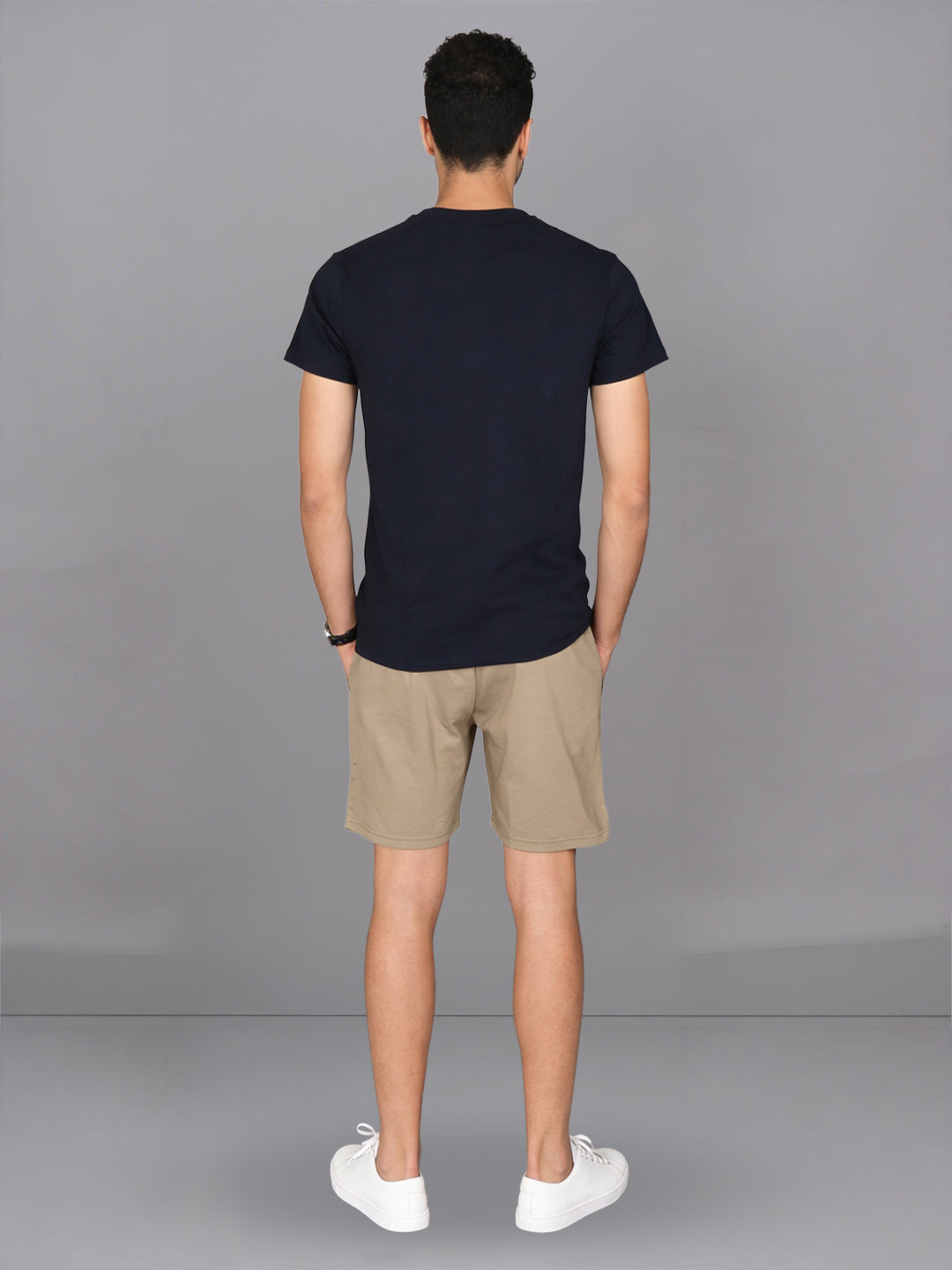 Men Navy Crew neck T-Shirt with Taupe Shorts Combo ES9