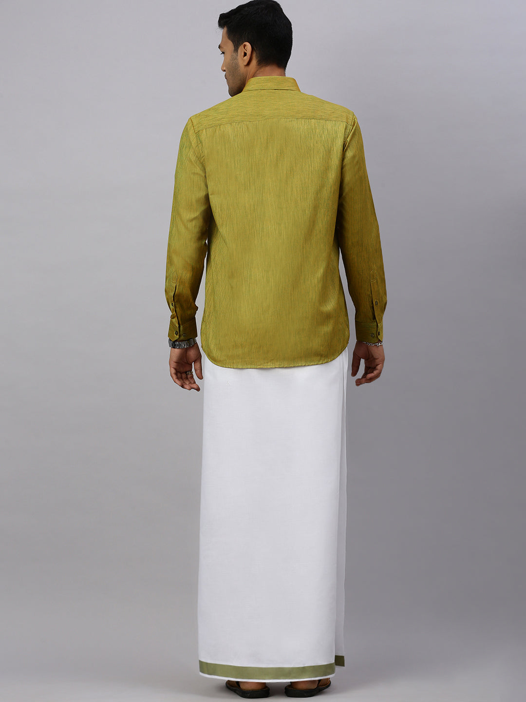 Men Bronze Olive Matching Border Dhoti & Full Sleeves Shirt Set CV8