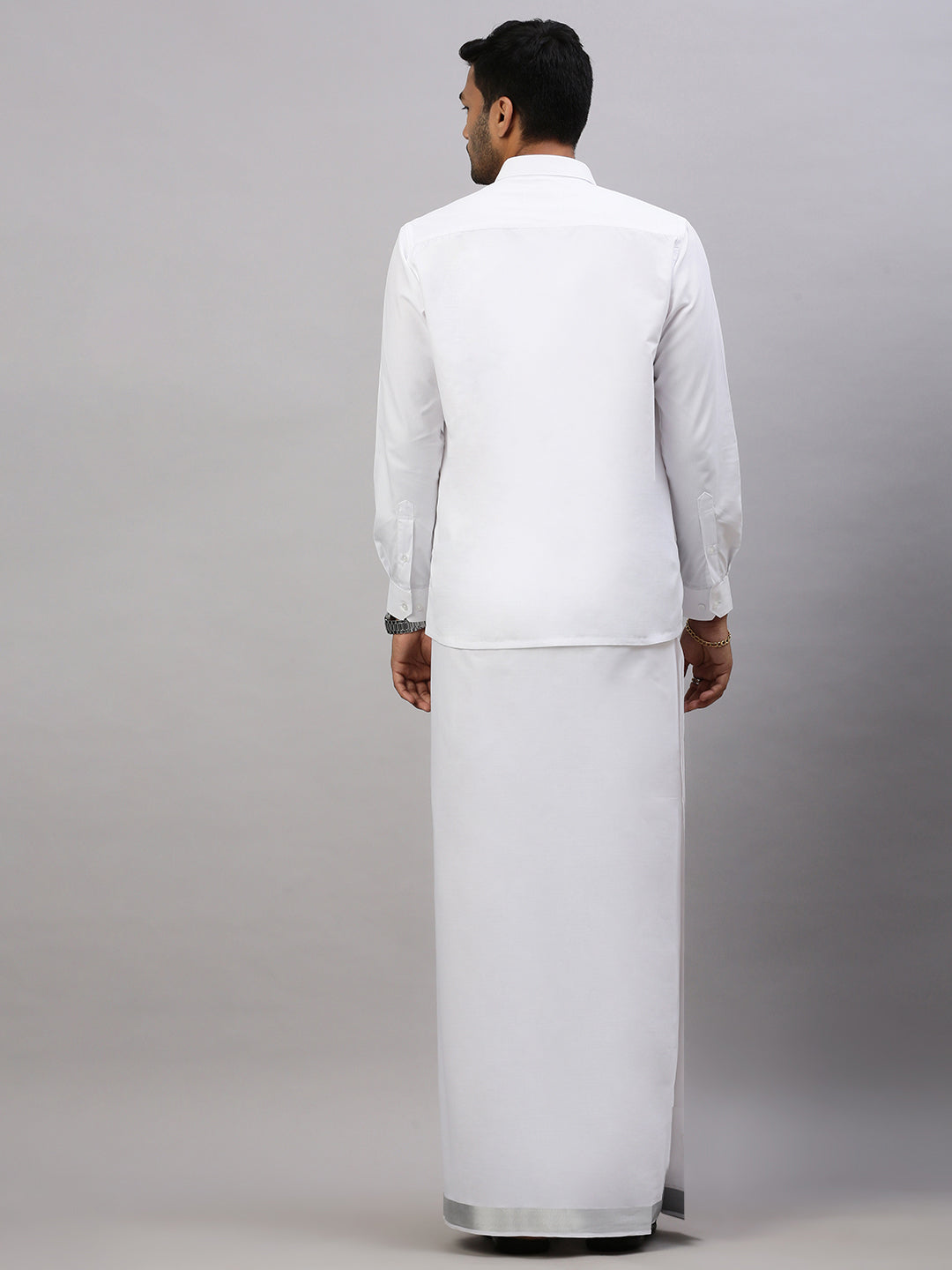 Men 100% Cotton Double Layer White Dhoti  with 1 1/2"Silver Jari Border Special Pet