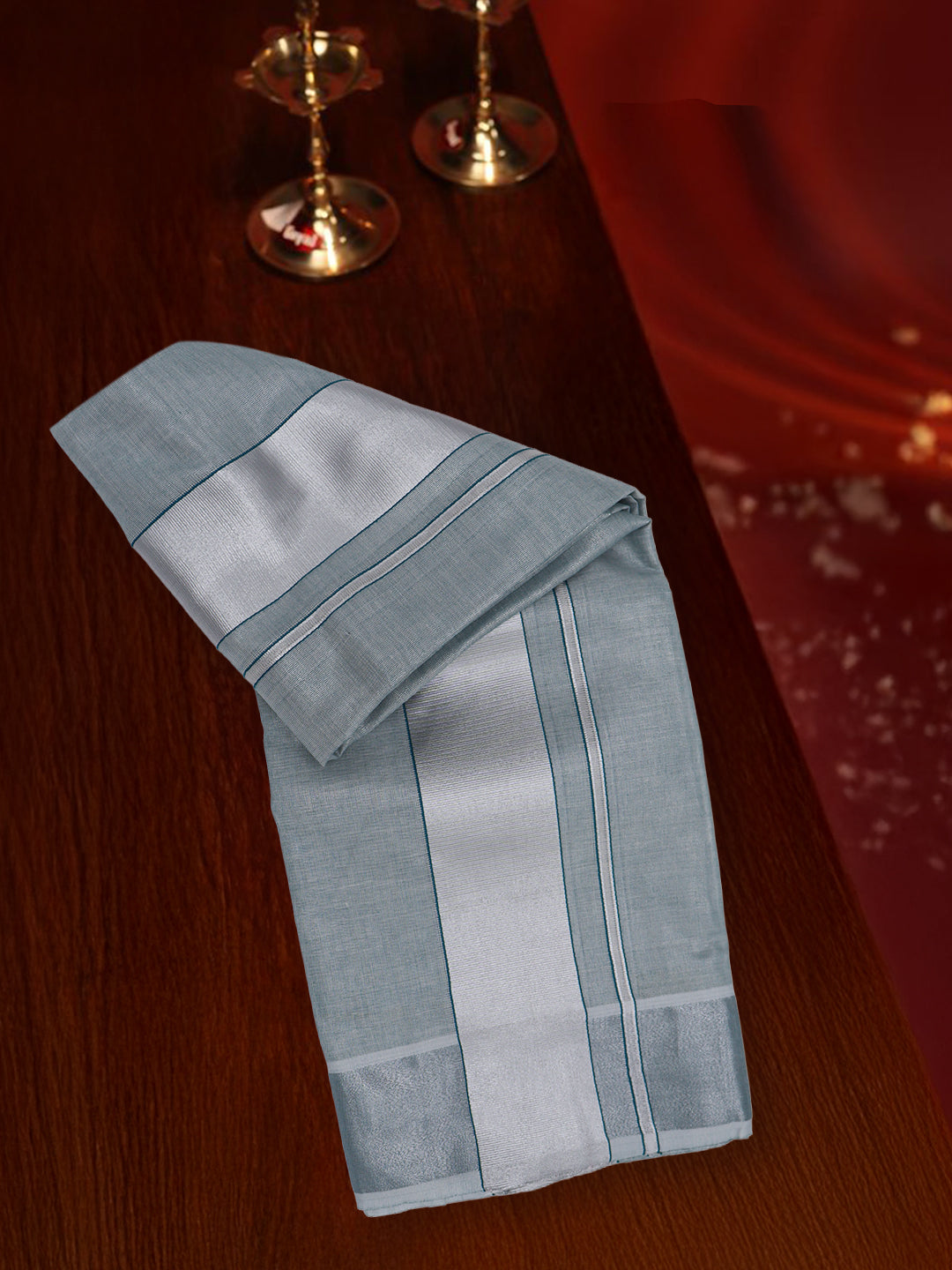 Men Tissue Silver Jari Border Panchakacham with Angavasthram Set (9+5) Gangotri GGC01