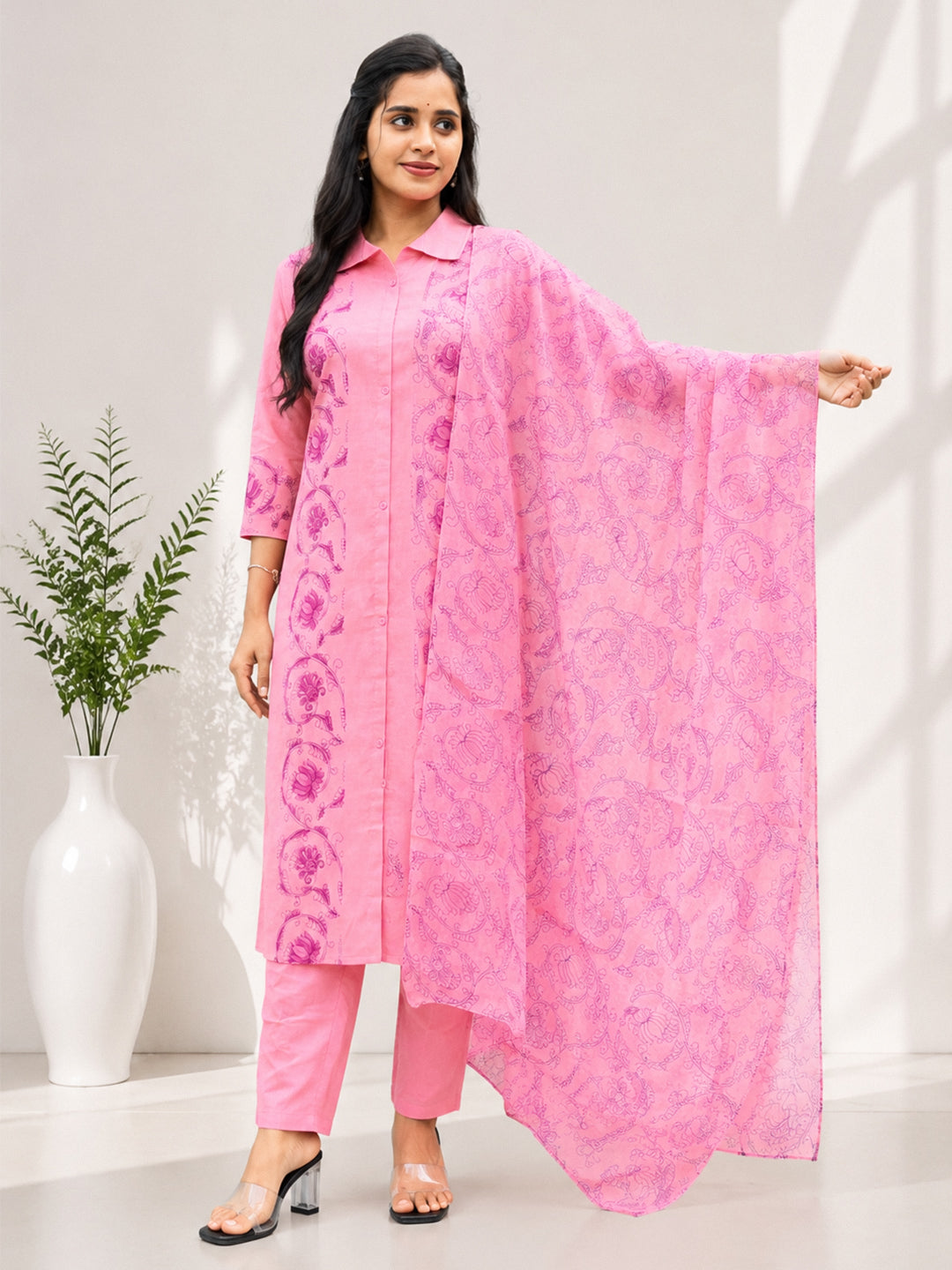 Women Cotton Printed Pink Kurti Set EKS134