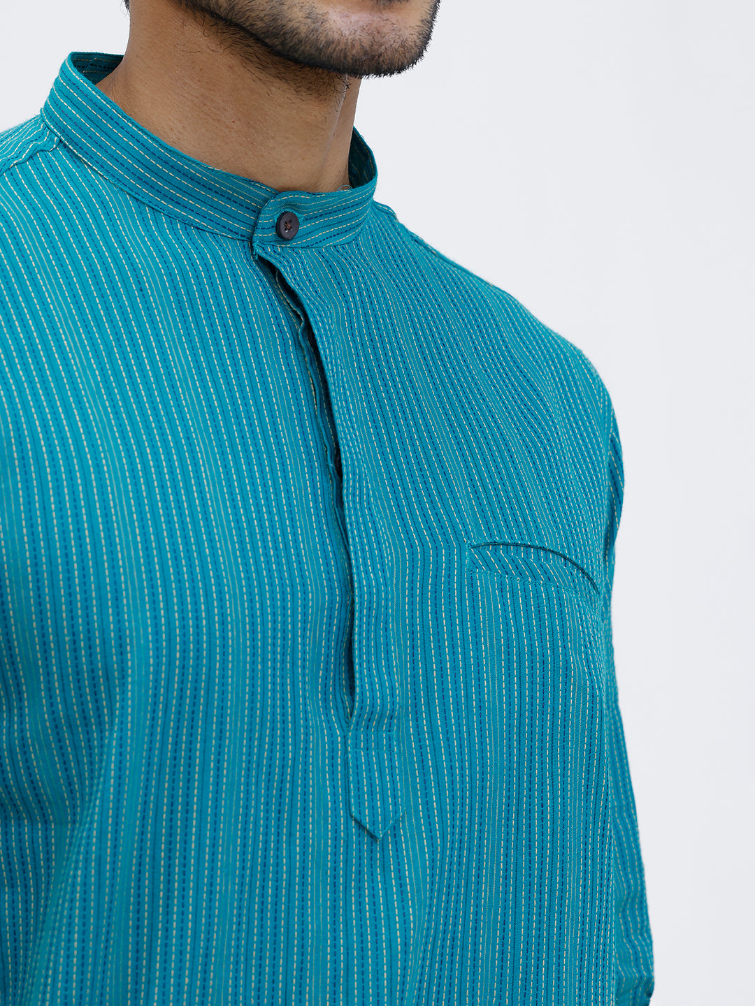 Men Cotton Short Length Striped Pocket Kurta Green RK56