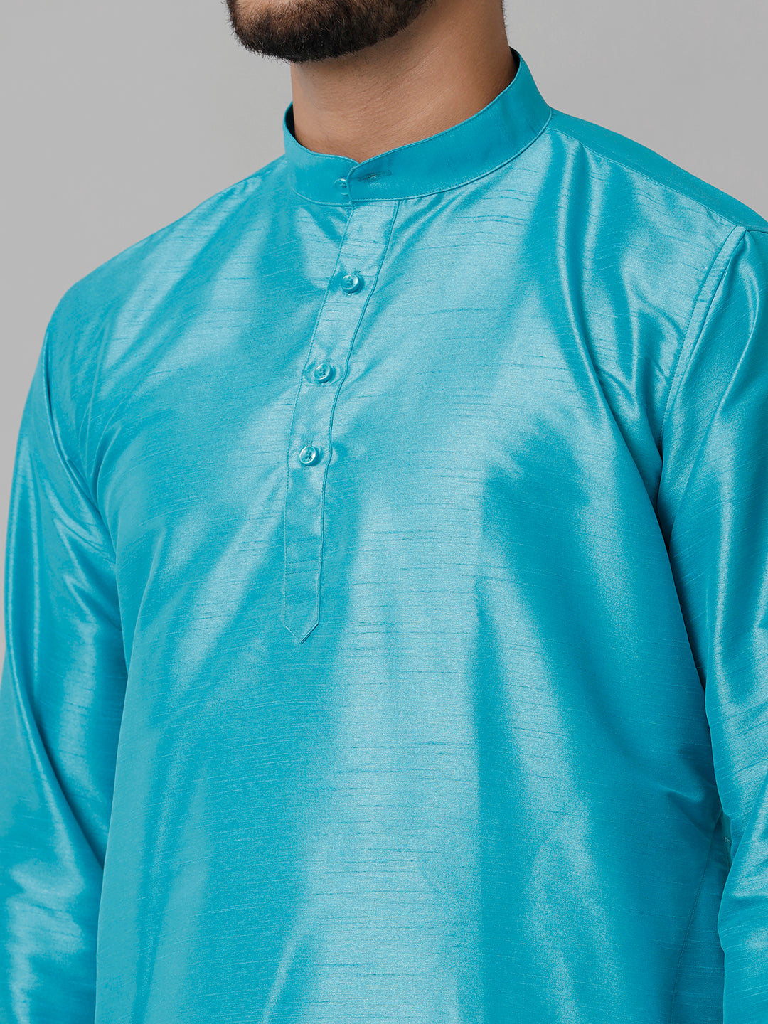 Mens Polyster Sky Blue Medium Length Kurta with Art Silk Panchakacham Towel Combo SL02-Zoom view