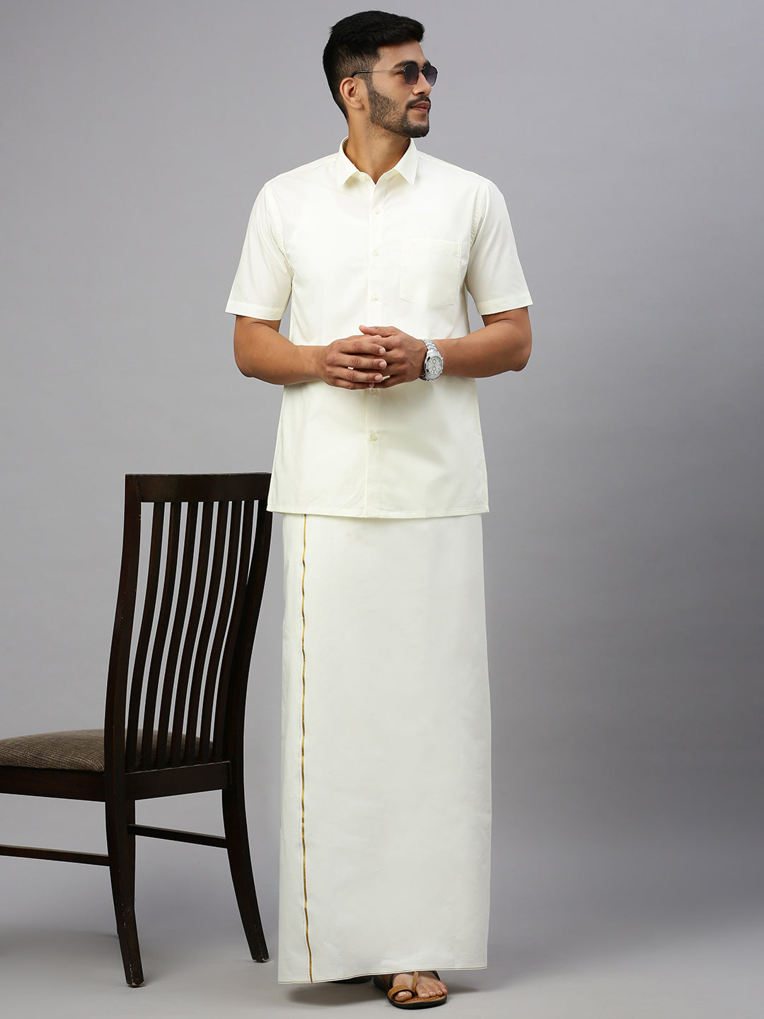Men 100% Cotton Single Layer Cream Dhoti with Gold Jari Border Smart Nice