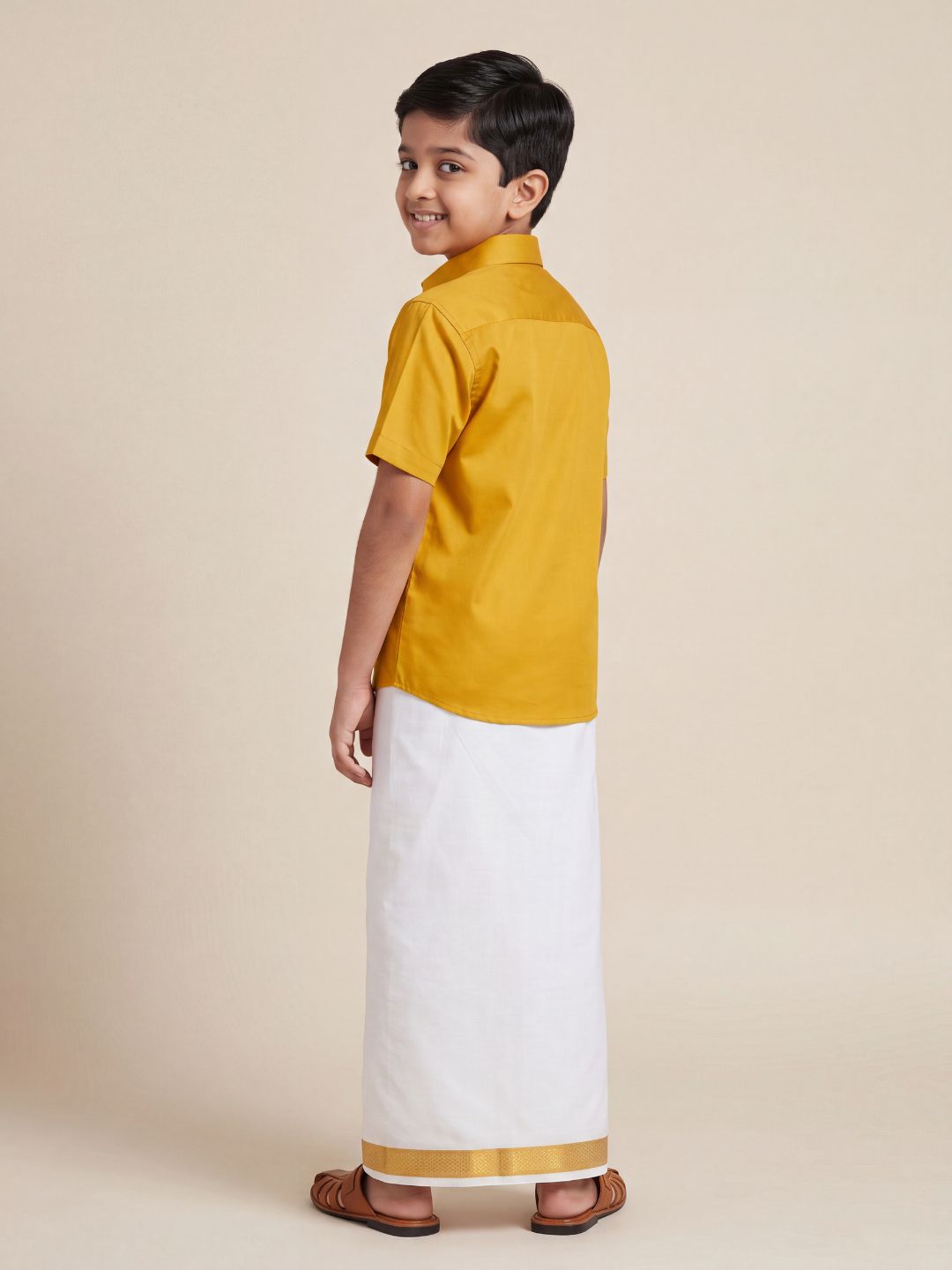 Boys 100% Cotton Orange Shirt and Fancy Border Dhoti Set BT4