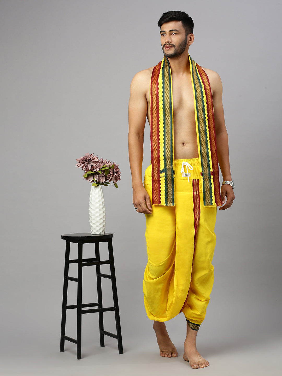 Men Readymade Panchakacham & Towel Set Yellow Naivedhya