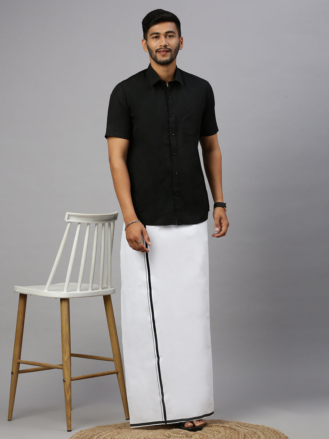 Men Cotton Blend Single Layer White Dhoti with Fancy Border Benchmark