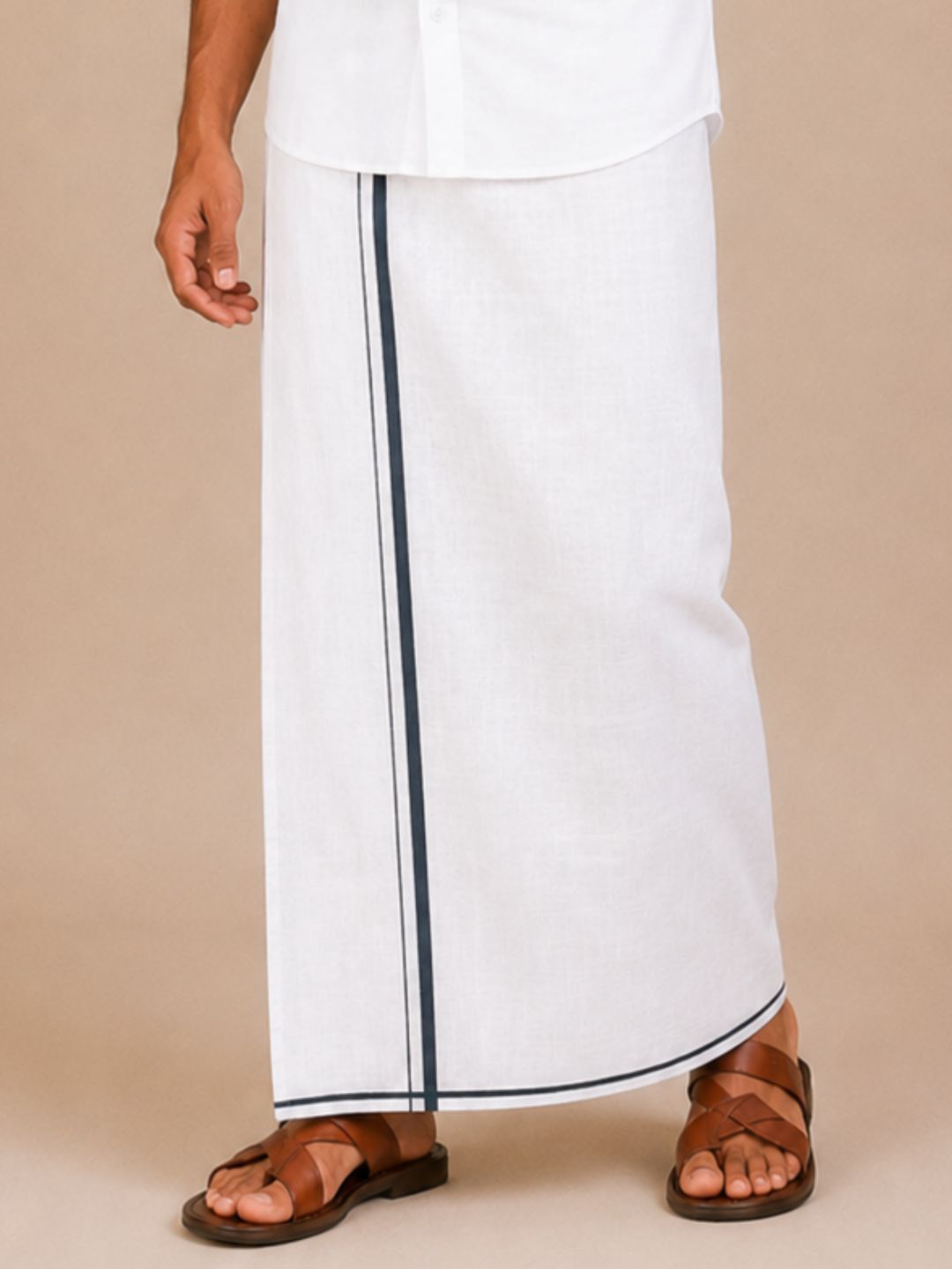 Men Cotton Linen Single Layer White Dhoti with Small Border Lee Sort LDS01
