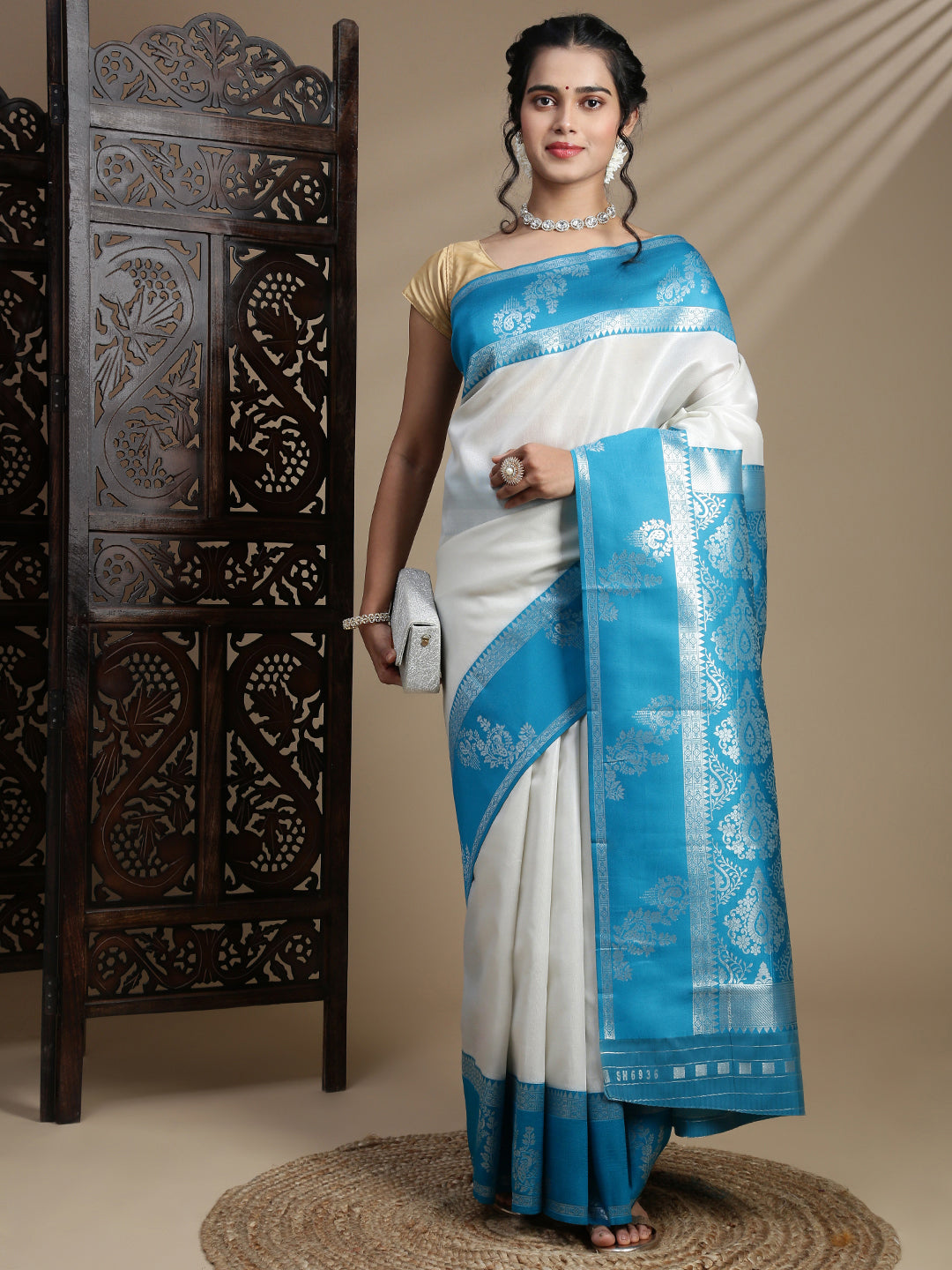 Women Silver Tissue Saree with Blue Border TS55