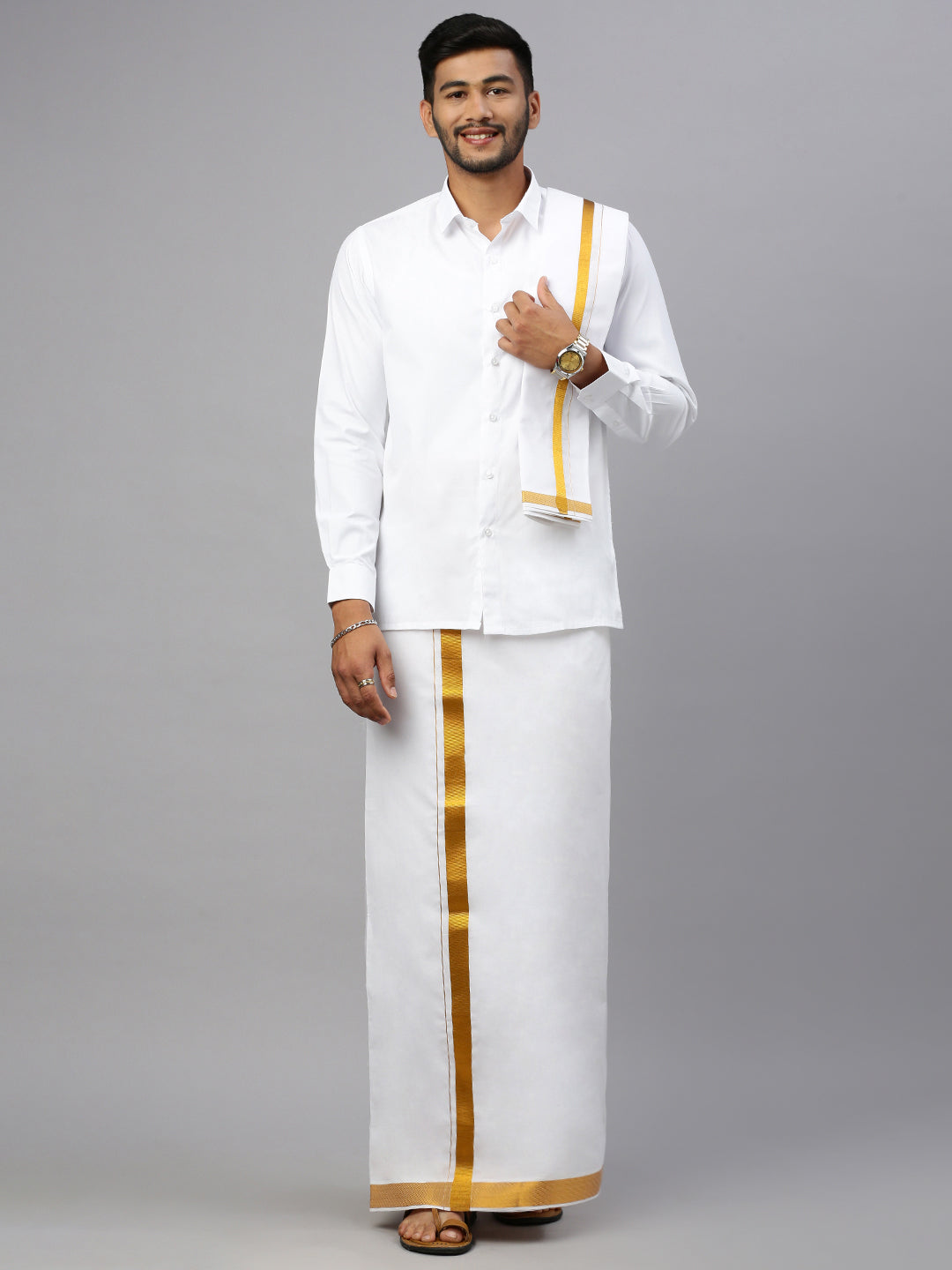 Men White with 1 1/2" inch Gold Jari Border Dhoti Shirting & Towel Set