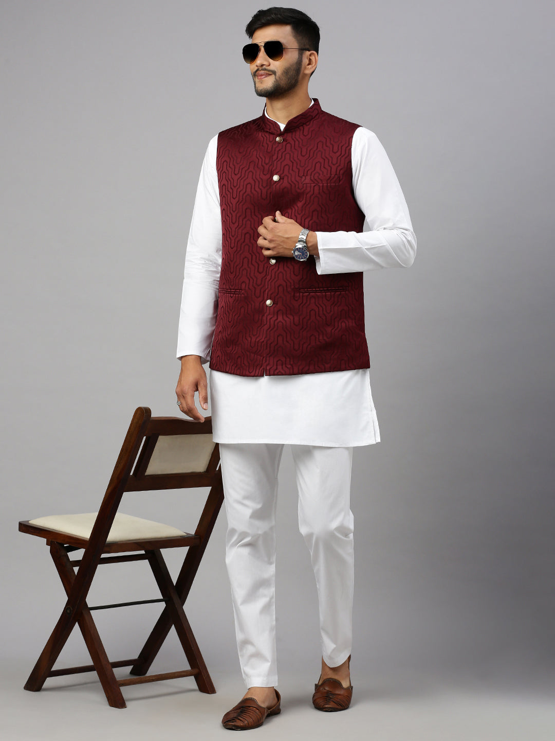 Men Printed Ethnic Jacket Dark Red JC4