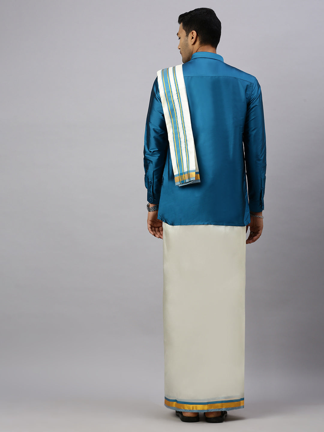Men Full Sleeves Ramar Blue Shirt with Matching Border Cream Dhoti & Towel Set K1