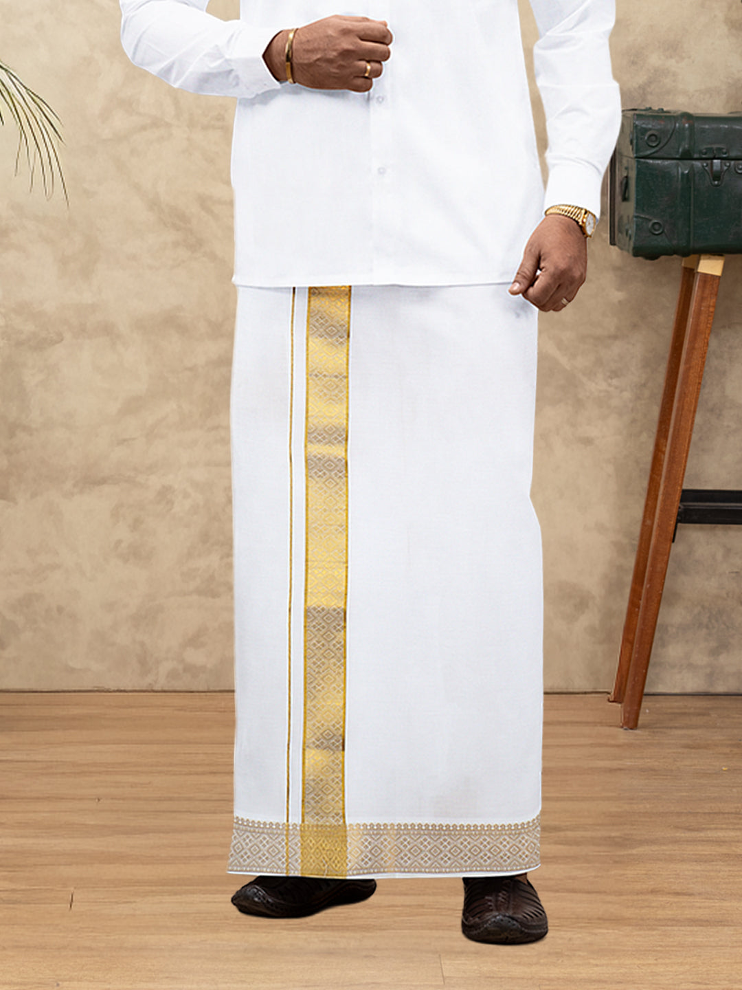 Men 100% Cotton Single Layer White Dhoti with Gold Jari Border Aura 294