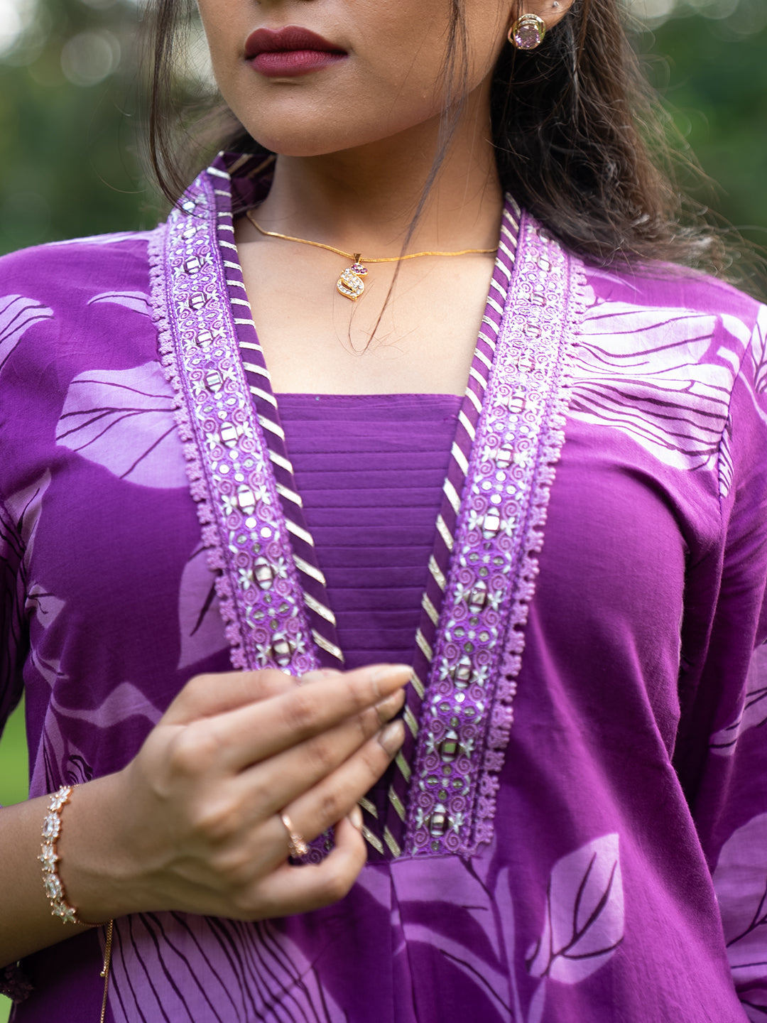 Women Pure Cotton Embroidered Purple Kurti with Pant & Dupatta Set EKS123