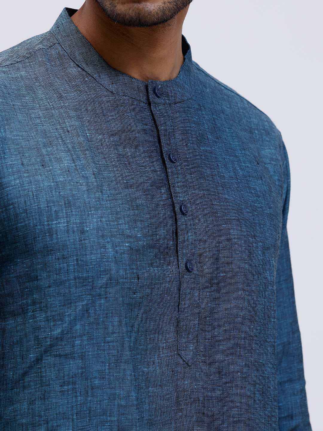 Men Pure Linen Medium Length Plain Pocket Kurta Greenish Blue KAL2