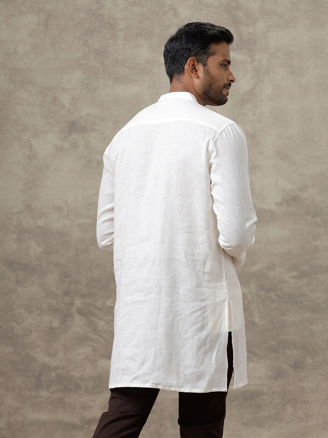 Men Linen Medium Length Kurta Cream KAL21