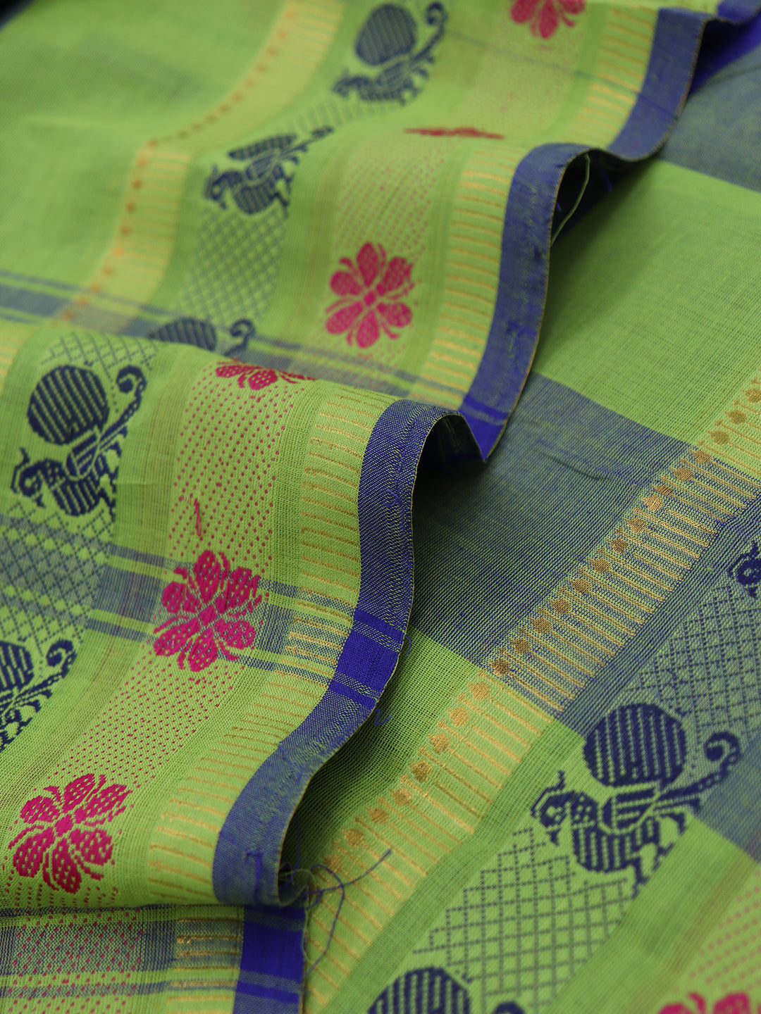 Women Green with Blue Checks Pure Chettinad Cotton Saree PCS233