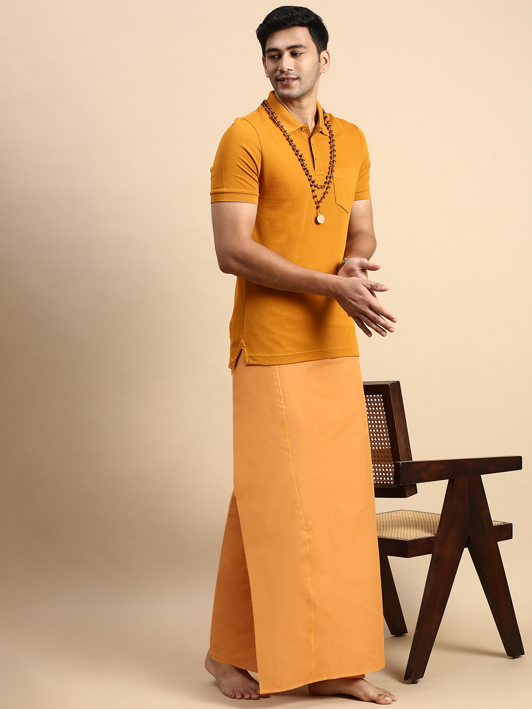 Men Devotional Small Border Dhoti & TShirt Set Kaavi EP41