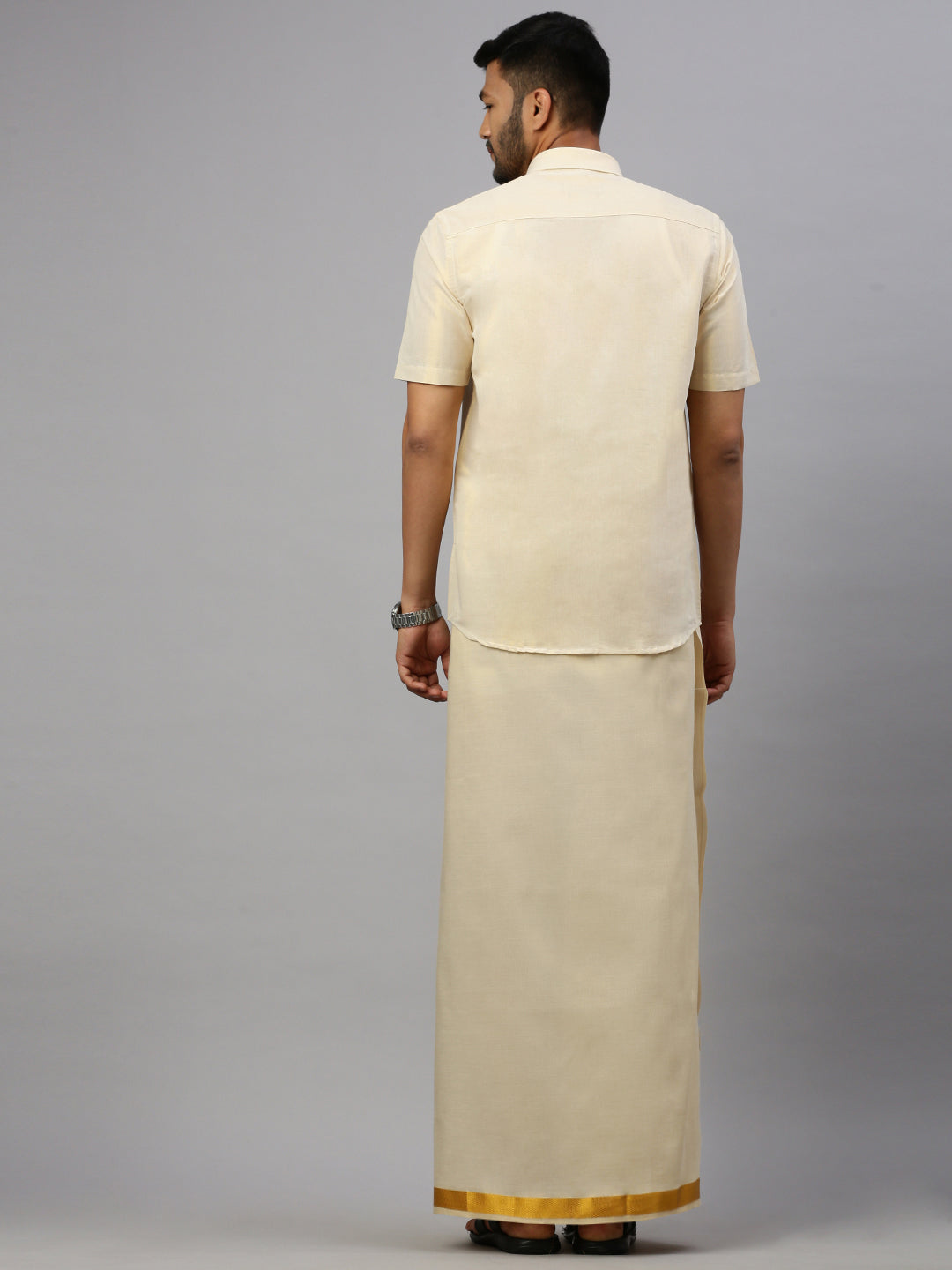 Mens Tissue Gold Dhoti & Half Sleeves Shirt Set