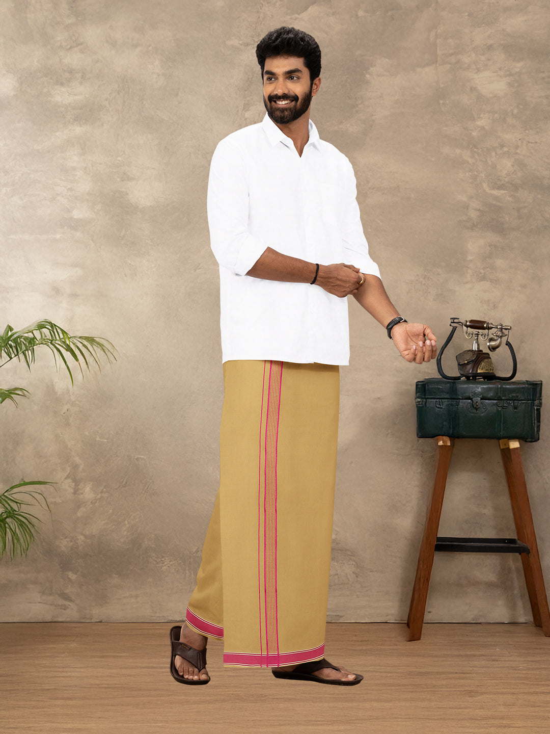 Men Cotton Blend Single Layer Kaavi Dhoti with Fancy Border Charming Line 10