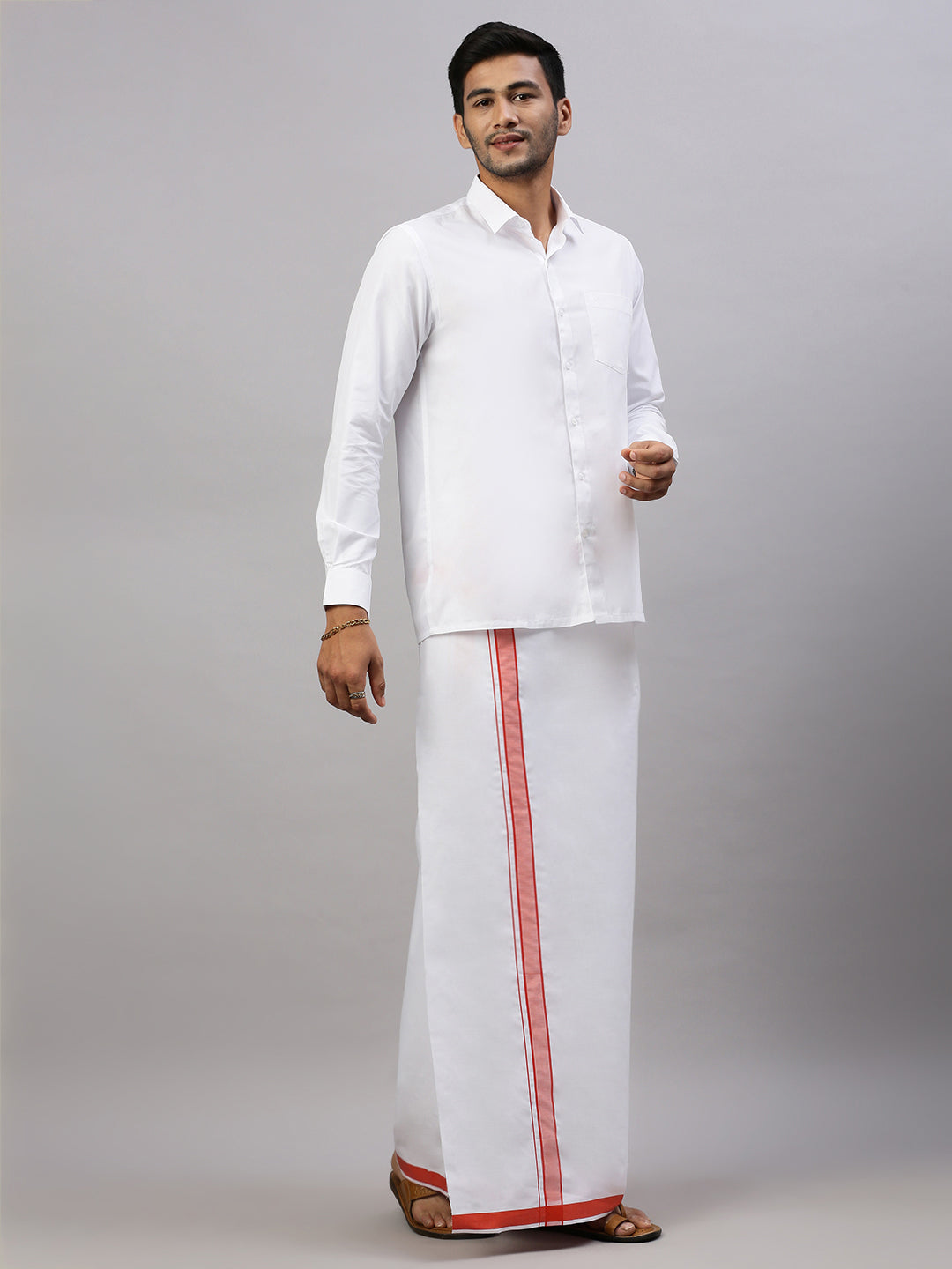 Men White Shirt with Scarlet Orange Border Single Layer Dhoti Combo WP17