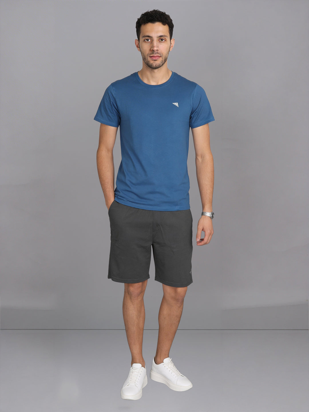 Men Petrol Blue Crew neck T-Shirt with Grey Shorts Combo ES5
