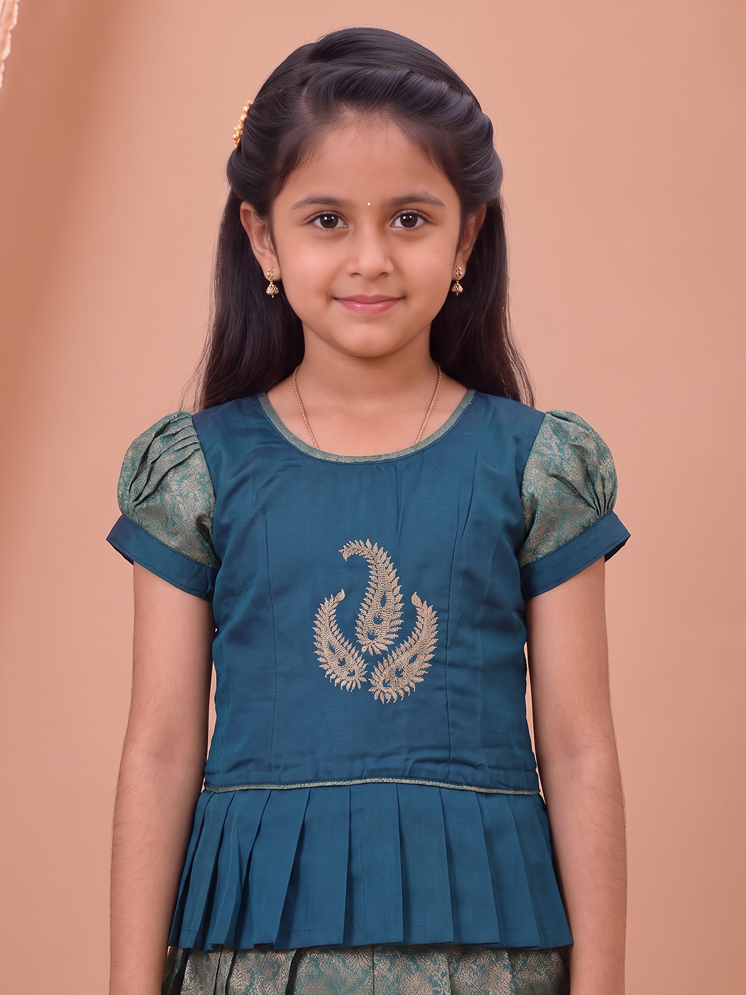Girls Art Silk Teal Blue Pattu Pavadai Set GPS82