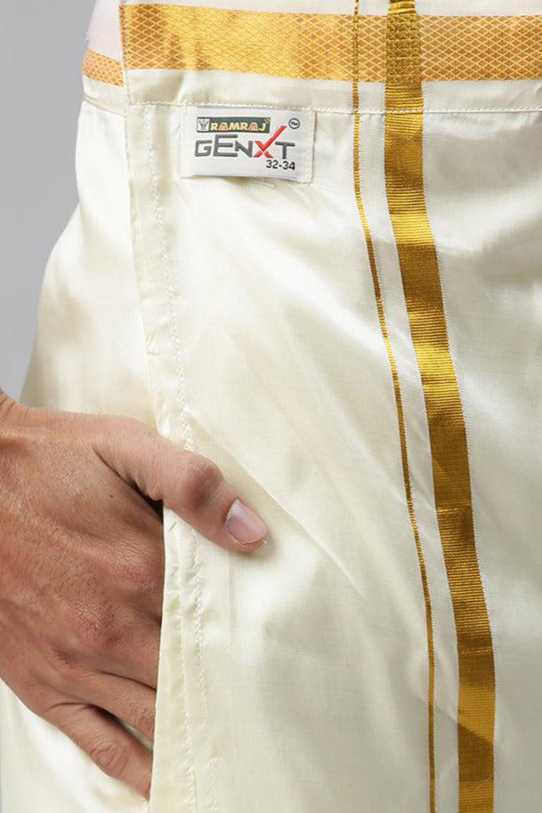 Men Silk Cream with 3/4" Gold Jari Border Readymade Dhoti & Towel Set