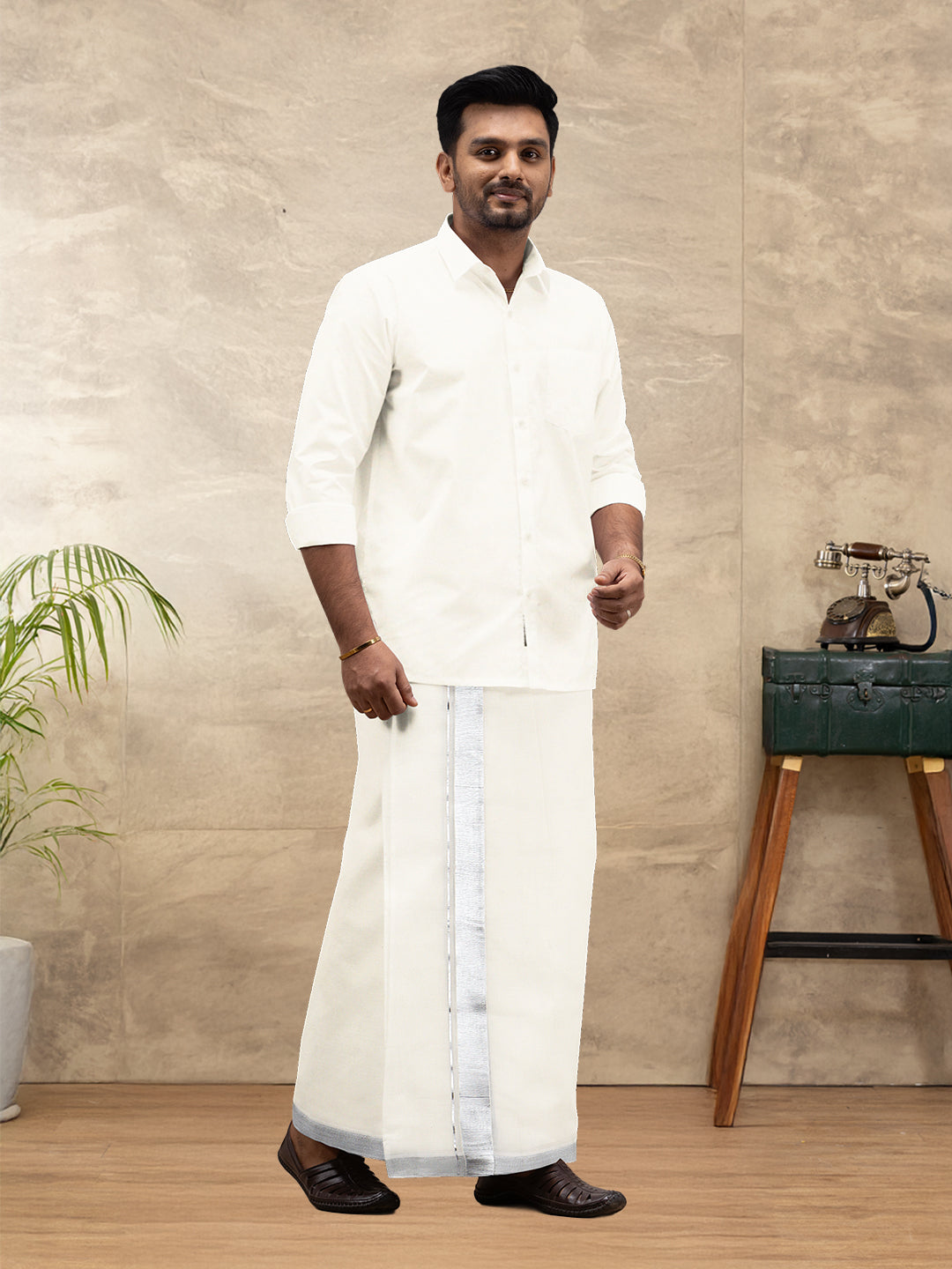 Men Kora Cotton Double Layer Dhoti with 1 1/2"inch Silver Jari Border Silver Mark