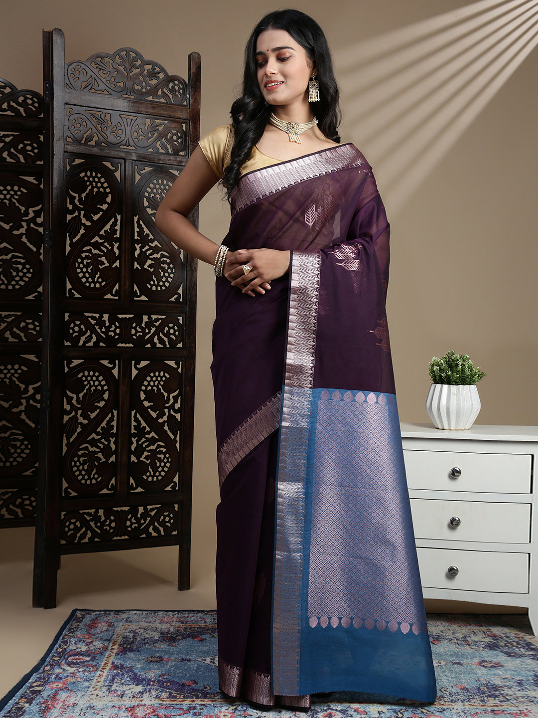 Women Semi Kora Cotton Dark Grape Wine SK128