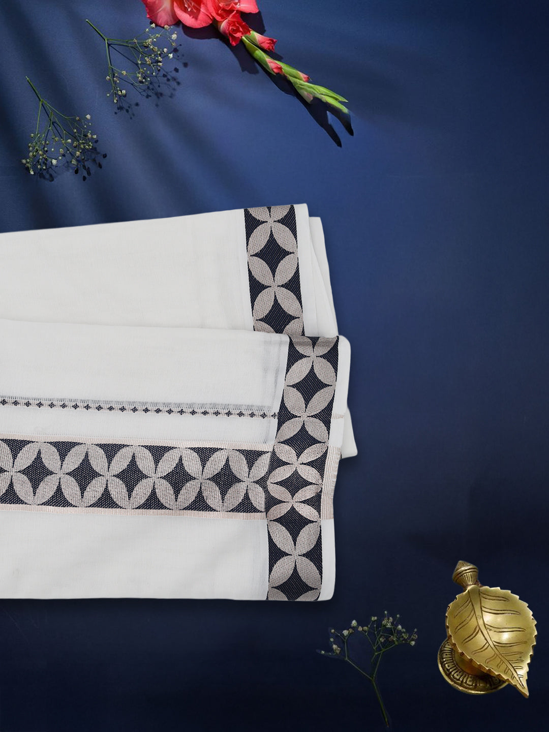 Men Premium Cotton Double Layer White Dhoti with Navy Fancy Jari Border Luxury Club LC20