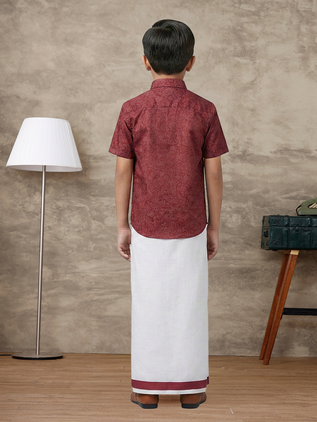 Boys Deep Red Matching Border Dhoti With Printed Shirt Set Fusion PS22