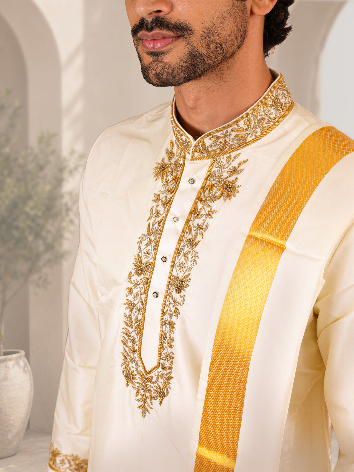 LAGNAA Premium Pure Silk Hand Embroidered Floral Motif Jari Work Kurta, Panchakacham & Angavastram set | Mangala Deepam
