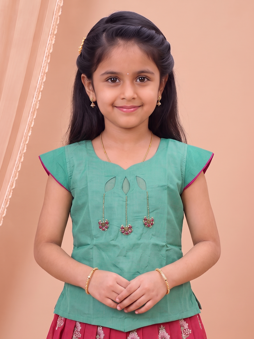 Girls Art Silk Green with Pink Pattu Pavadai Set GPS80
